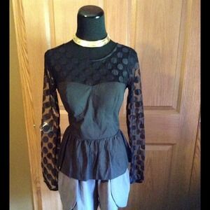 Black lace sheer polka dot‎ peplum top shirt